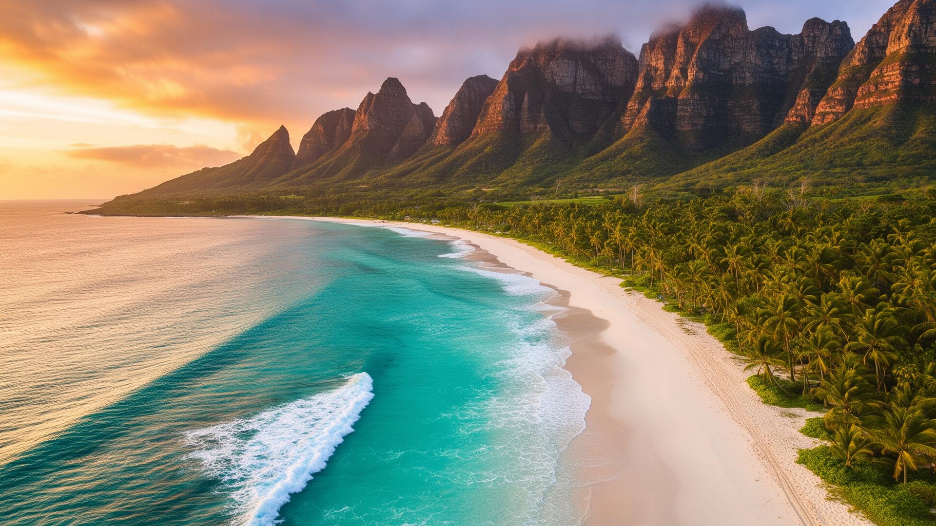 Paraíso tropical con playa y montañas al atardecer
